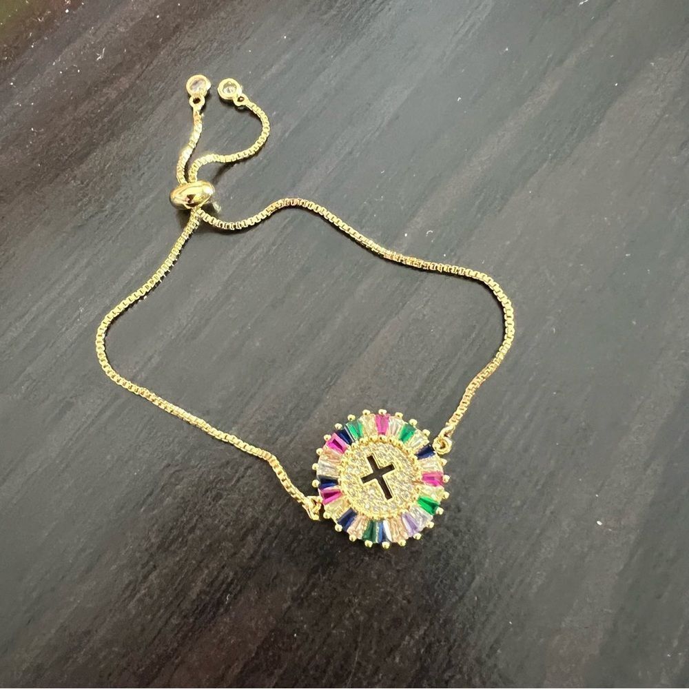 Rainbow cross gold tone bracelet adjustable